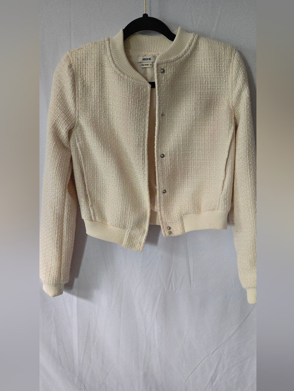 Jason Wu Women’s XS Cream Tweed Textured Snap-Front Crop Bomber Jacket